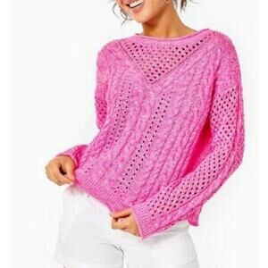 Lilly Pulitzer Maxcy Mix Stitched Cable Sweater Crochet Pullover Pink Size XS